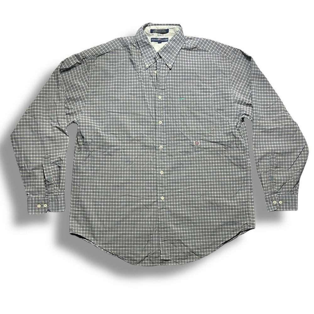Vintage Tommy Hilfiger LS Button Down Plaid Shirt Men's XL Brown Beige Crest Y2K